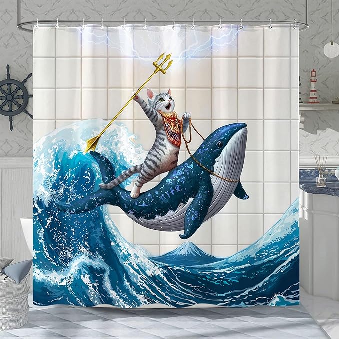 Yeoiat Cat Shower Curtain Ocean Funny Shower Curtain Whale Shower Curtains for Bathroom Fun Shower Curtain Set with 12 Hooks Whale04 72×72 Inches