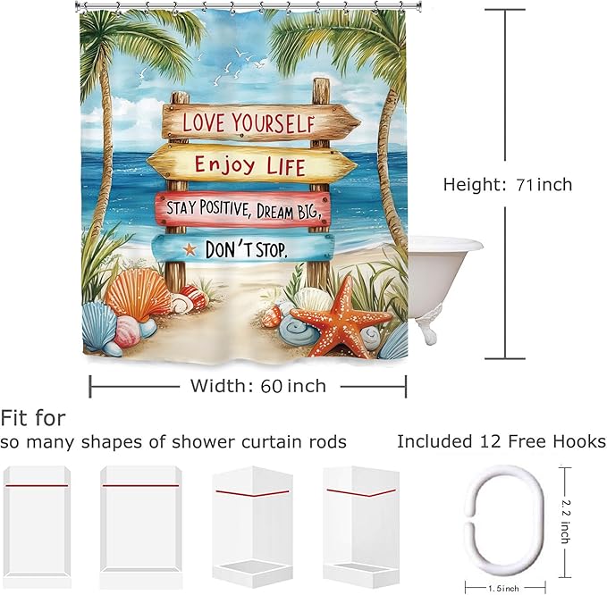 Yookeb Tropical Beach Palm Tree Bathroom Shower Curtain 60W by 71H Inch Coastal Nautical Ocean Quotes Motivational Summer Scenery Inspirational Polyester Fabric 12 Plastic Hooks Waterproof Decor