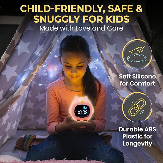 Bumble & Bright Kids’ Alarm Clock – Okay to Wake Clock with Nightlight & Sound Machine | Teaches Sleep Training & Helps Kids Stay in Bed | 8 Colors, 6 Sounds, Snooze | USB Powered (Corded Electric)