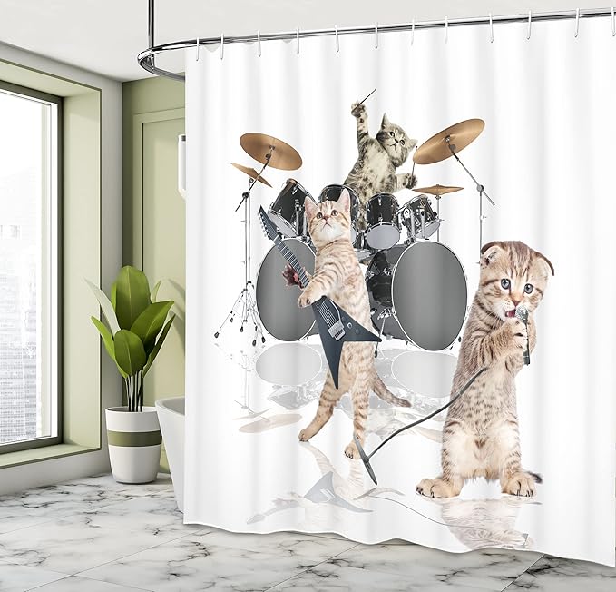 Ambesonne Animal Shower Curtain, Cool Hard Rocker Band of Kittens Singer Guitarist Cats Art Print, Cloth Fabric Bathroom Decor Set with Hooks, 69" W x 84" L, White Charcoal Grey Multicolor