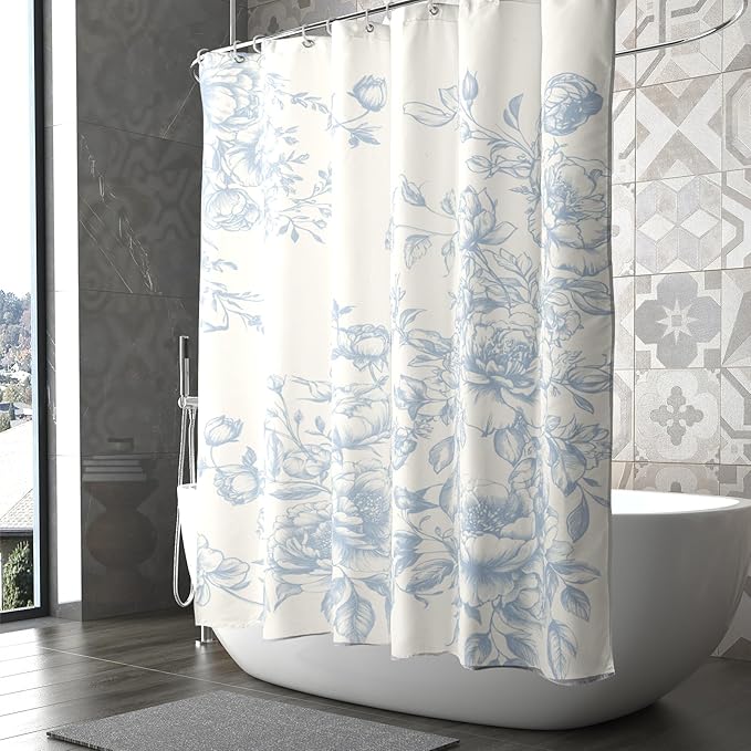 Vintage Chinoiserie Flowers Shower Curtain 72x72in Set with Hooks,Light Blue Porcelain Floral Leaves Asian Oriental Art Polyester Fabric Bathtub Bathroom Decor Bath Curtains