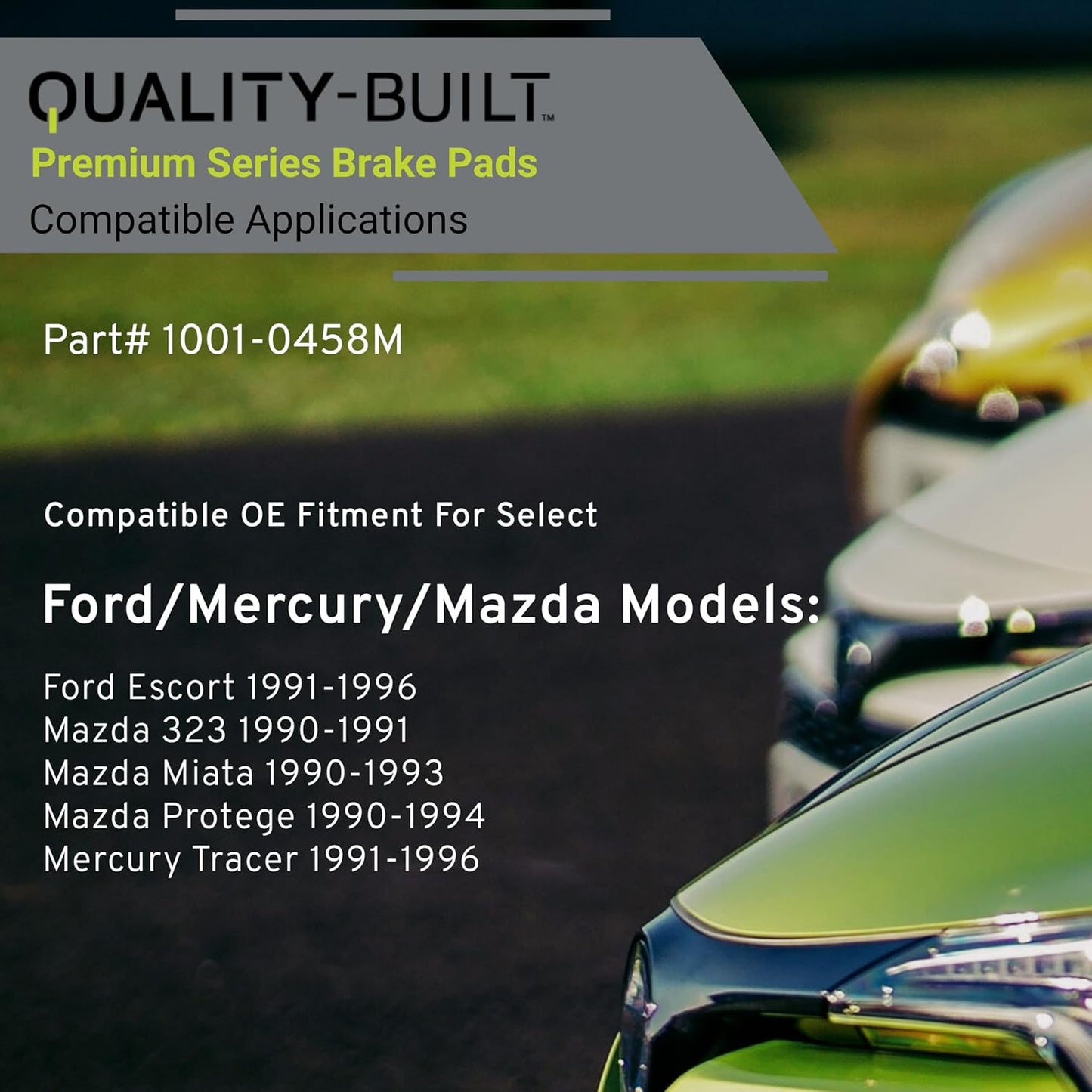 Premium Semi-Metallic Rear Brake Pads (1001-0458M) Replacement for Ford Escort 1996-1991, Mazda 323 1991-1990, Miata 1993-1990, Protege 1994-1990, Mercury Tracer 1996-1991