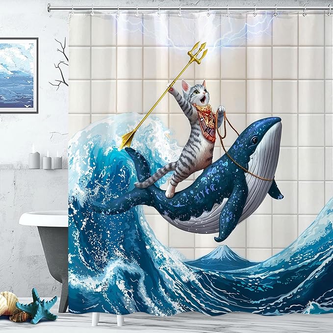 Yeoiat Cat Shower Curtain Ocean Funny Shower Curtain Whale Shower Curtains for Bathroom Fun Shower Curtain Set with 12 Hooks Whale04 72×72 Inches