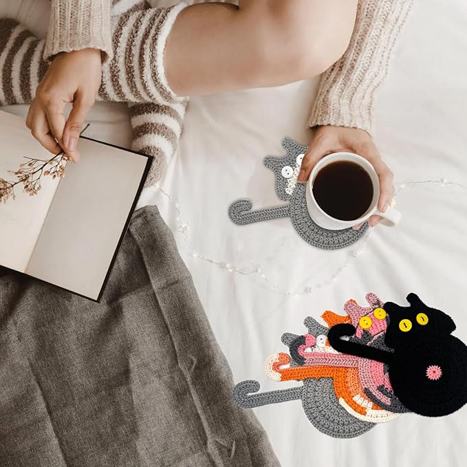 4 Pcs Coasters for Drinks, Boho Style Coaster, Cotton Woven Creative Cute Cat Coaster, Funny Coasters for Bar, Table Protection Suitable, Housewarming Gifts New Home