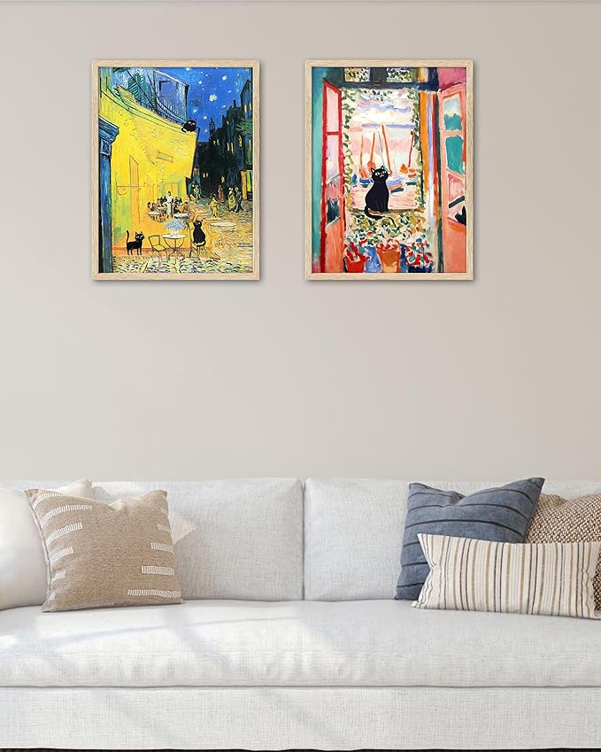 UPWOIGH Beige Oak Wood Framed Wall Art, 12"x16"Matisse The Open Window Cat Print, Cute Black Cat Picture, Henri Matisse Poster, Funny Animal Art for Bedroom Bathroom, 1Pack Gifts