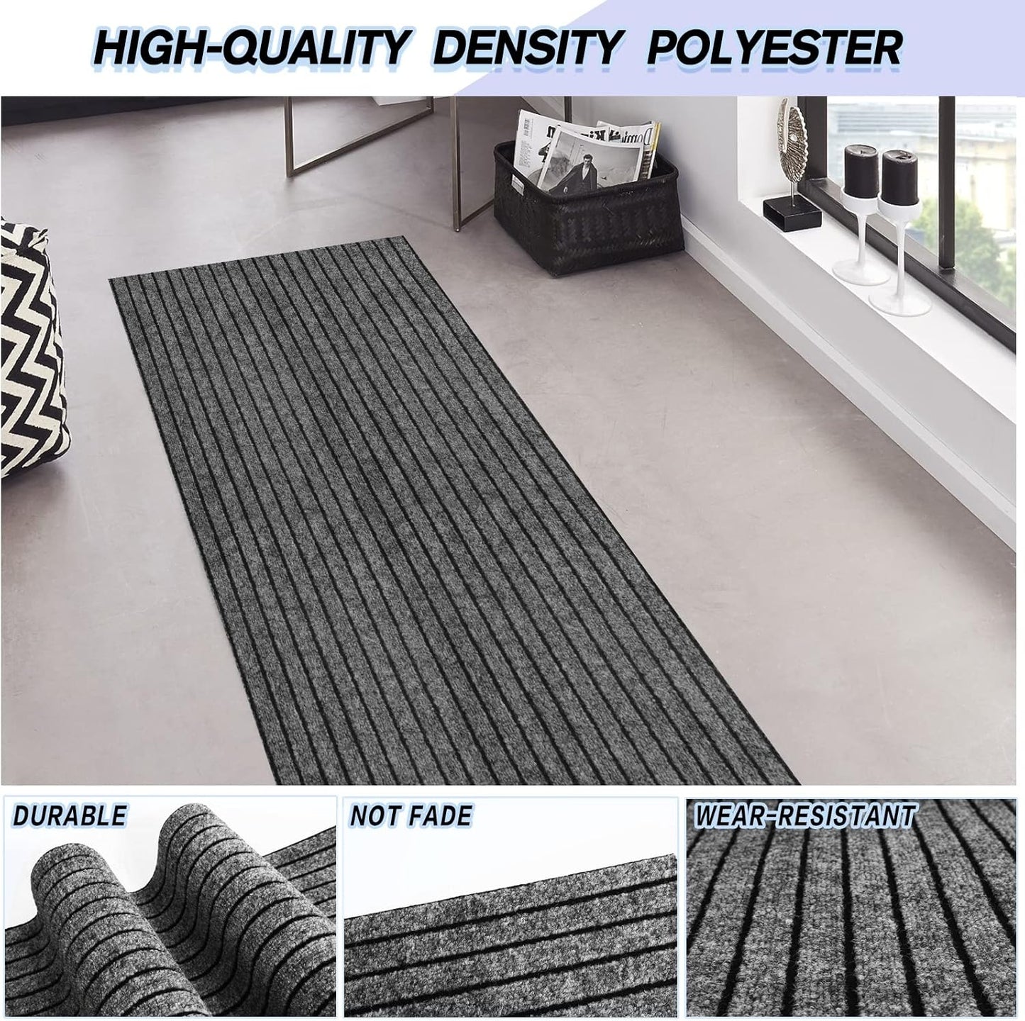 Custom Size Backed Non-Slip Area Rugs Runner, Easy Clean, Waterproof Runner Rugs for Hallway Entryway, Kitchen, Laundry, 4FT x 81FT, Gray Stripe