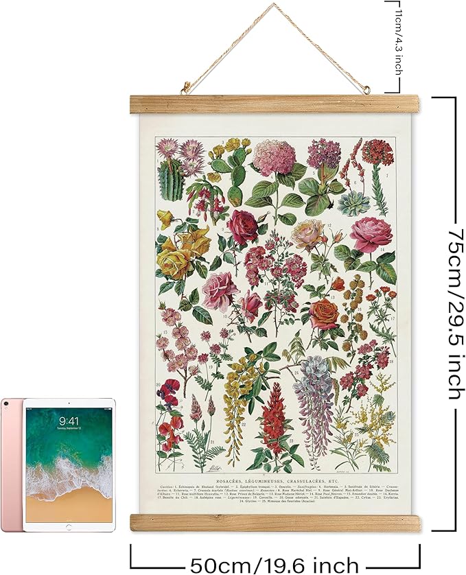 XIAOAIKA Vintage Wildflower Hanging Poster with Wooden Frame, Retro Style Wall Decor Art Painting, Patterns Printed on Linen Without Fading, Ready to Hang (20 x 30)