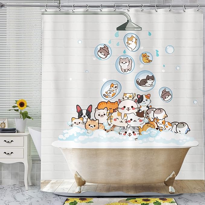 SVBright Cute Raining Cats Shower Curtain 60Wx72L Inch for Kids Cartoon Dog Funny Animals Nursery Lovely Hilarious Pets Playing Water 12 Pack Hooks Fabric Polyester Waterproof Bathroom Bathtub Panels