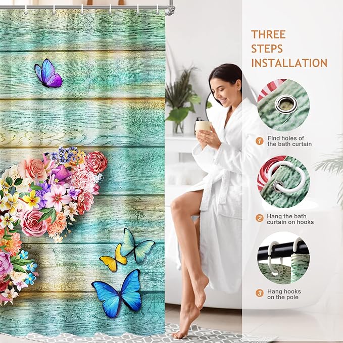 Vimorco Butterfly Shower Curtain, Flower Shower Curtains for Bathroom with Hook, Waterproof Quick-Dry Polyester Fabric Shower Curtain, Machine Washable Floral Bathroom Set, Bath Curtain Decorative
