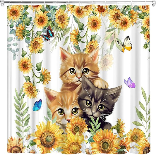 Sunflower Cat Shower Curtain Rustic Vintage Floral Farmhouse Kitty Pet Lover Kitten Flower Cats Flowers Butterfly Shower Curtains Set for Bathroom Polyester Fabric with Hooks (70" W x 90" L)