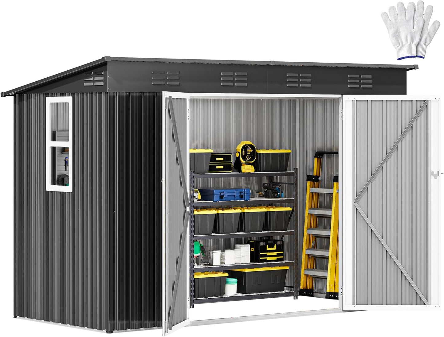 DWVO 9.1x4.2ft Metal Outdoor Storage Shed with Window, Lockable Tool Storage Sheds, Oversized Steel Garden Sheds with Sloped Roof for Backyard, Patio, Garage, Lawn, Dark Gray