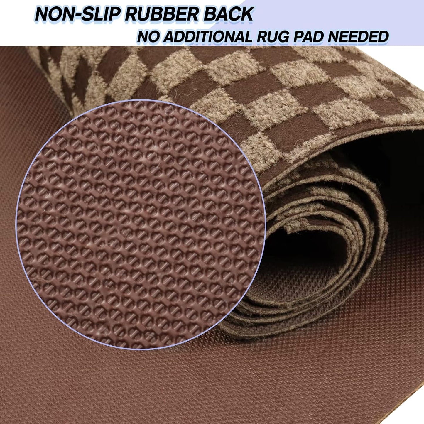 Custom Size Backed Non-Slip Area Rugs Runner, Easy Clean, Waterproof Runner Rugs for Hallway Entryway, Kitchen, Laundry, 4FT x 51FT, Brown Checkered