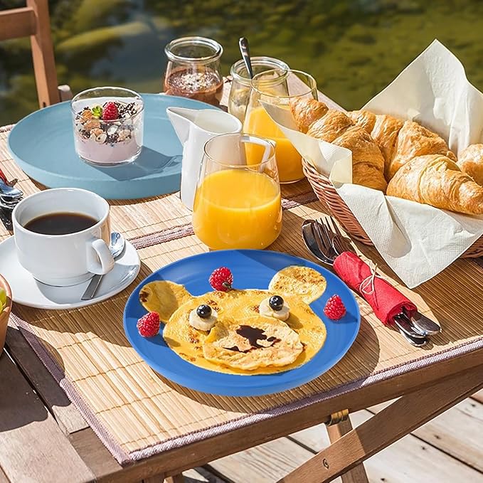 Wheat Straw Dinner Plates, 9 Inch Deep Set of 8, Lightweight & Unbreakable, Microwave & Dishwasher Safe Kids Plates (Blue Series)