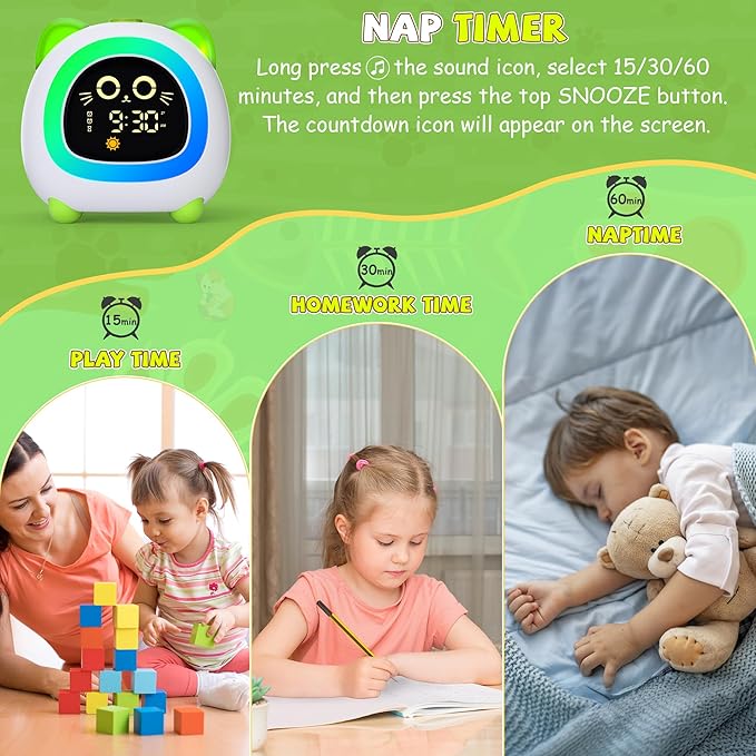 winshine Kids Alarm Clock, OK to Wake Clock with Night Light for Kids, Stay in Bed Clock Sleep Training, Nap Timer Cute Kids Room Decor, Gift Ideas for Kids Toddler Boy Girl (Green)