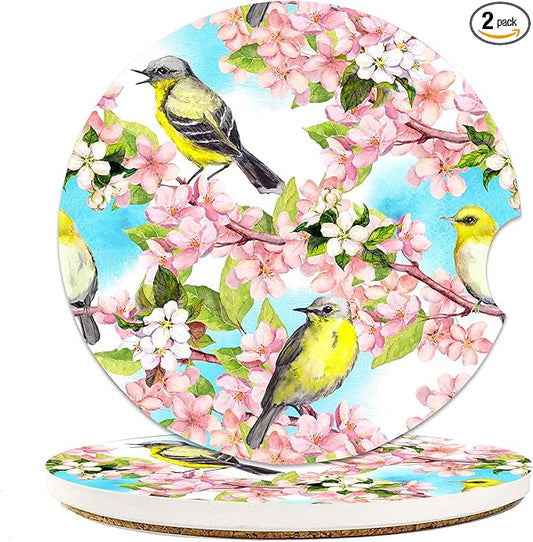 Spring Flowers Blossom and Birds Car Cup Holder Coasters, 2 Pack Cup Coasters Car Accessories Interior Aesthetic for Men Women, Absorbent Ceramic Coaster with Cork Back, Retro Car Decoration Gifts