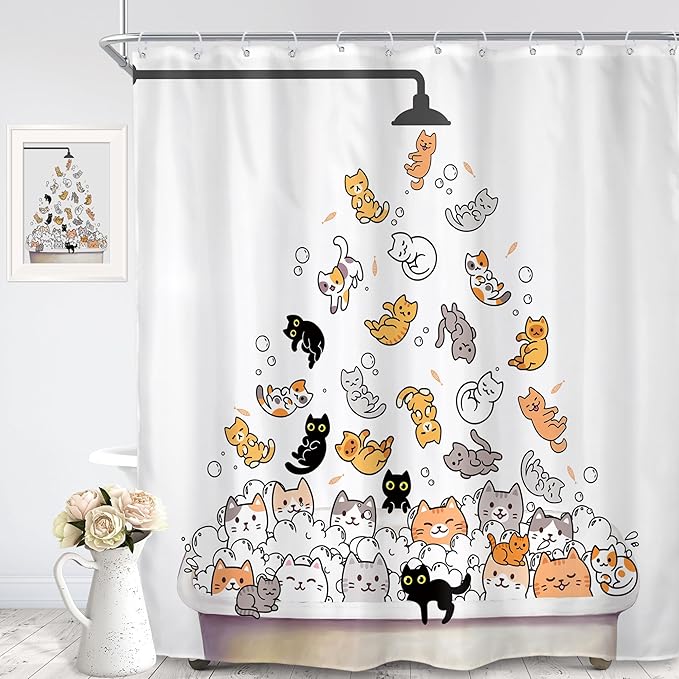 SVBright Extra Long Cat Shower Curtain 72Wx84L Inch for Kids Cute Cartoon Animal Funny Raining Colorful Hilarious Playing Water Lovely 12 Pack Hooks Polyester Waterproof Fabric Bathroom Bathtub Panels
