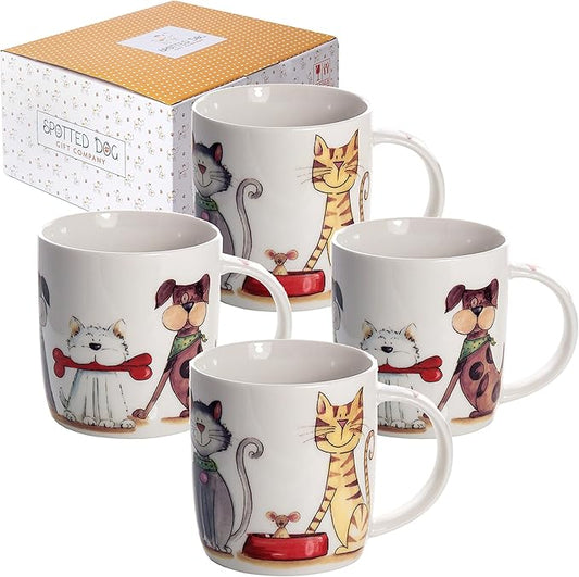 SPOTTED DOG GIFT COMPANY Dog and Cat Coffee Mug Set of 4, Animal Themed Mugs, Ceramic Tea Cups for Hot Drinks, Microwave Dishwasher Safe, Cute Kitchen Gifts for Pet Lovers Owners - 12oz