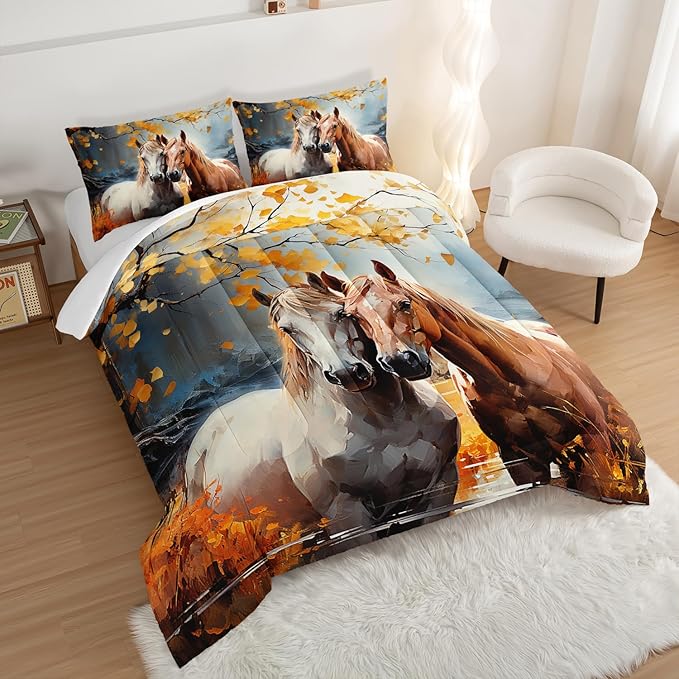 White Brown Horses Comforter Set Full Size,Watercolor Painting Autumn Leaves Bedding Set for Kids and Adults Bedroom Horse Decor,Natural Scenery Aesthetics Comforter Set with 2 Pillowcases.