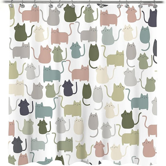 Sunlit Design Lovely Sage Green Cartoon Cats Fabric Shower Curtain, Cute Cats Bathroom Decoration Curtains for Baby Kids Children, 72x72