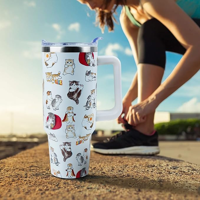 40 oz Tumbler with Handle and Straw, Stainless Steel Insulated Cup with Leak Proof Lid and Straw Lid, Keep Drinks Cold and Hot for Hours(Cat)