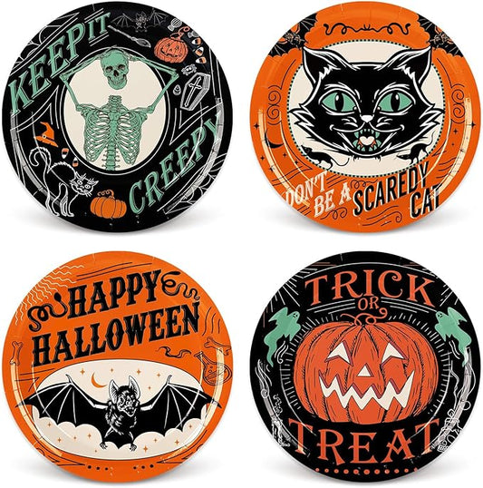 Whaline Halloween Paper Plates Vintage Orange Black Disposable Dinner Plates Black Cat Pumpkin Bat Skeleton 9 Inch Dinnerware Plate for Party Supplies Table Decor, 40Pcs