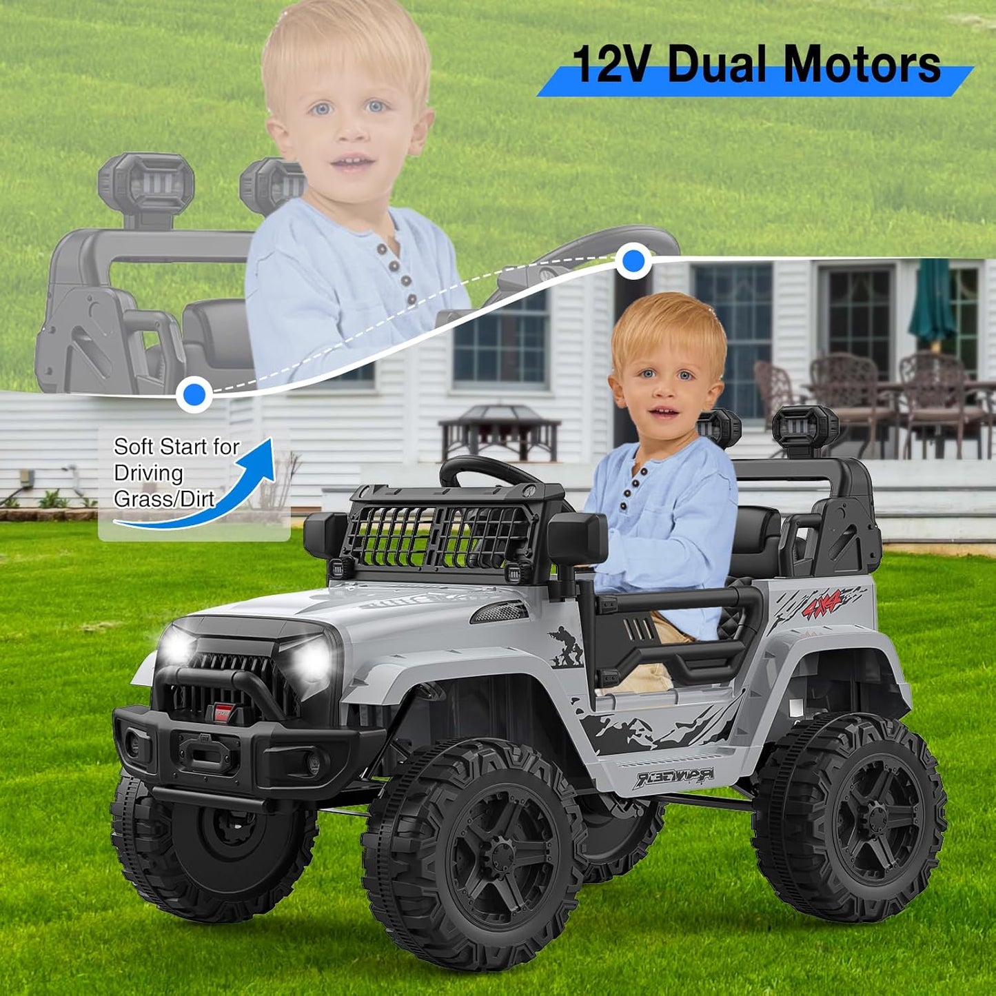12V Kids Electric Ride On Truck Car w/Parent Remote Control, Spring Suspension, LED Lights & AUX Port | Outdoor Ride Toy for Boys Girls