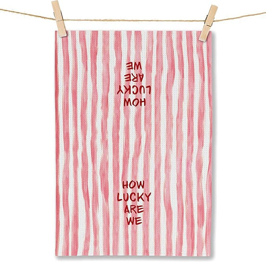 Trendy Pink Red Striped Kitchen Towels, How Lucky are We Decorative Hand Towels, Pink Girly Dish Tea Towels for Kitchen Decor, Trendy Preppy Bathroom Decor, 16x24 Inch
