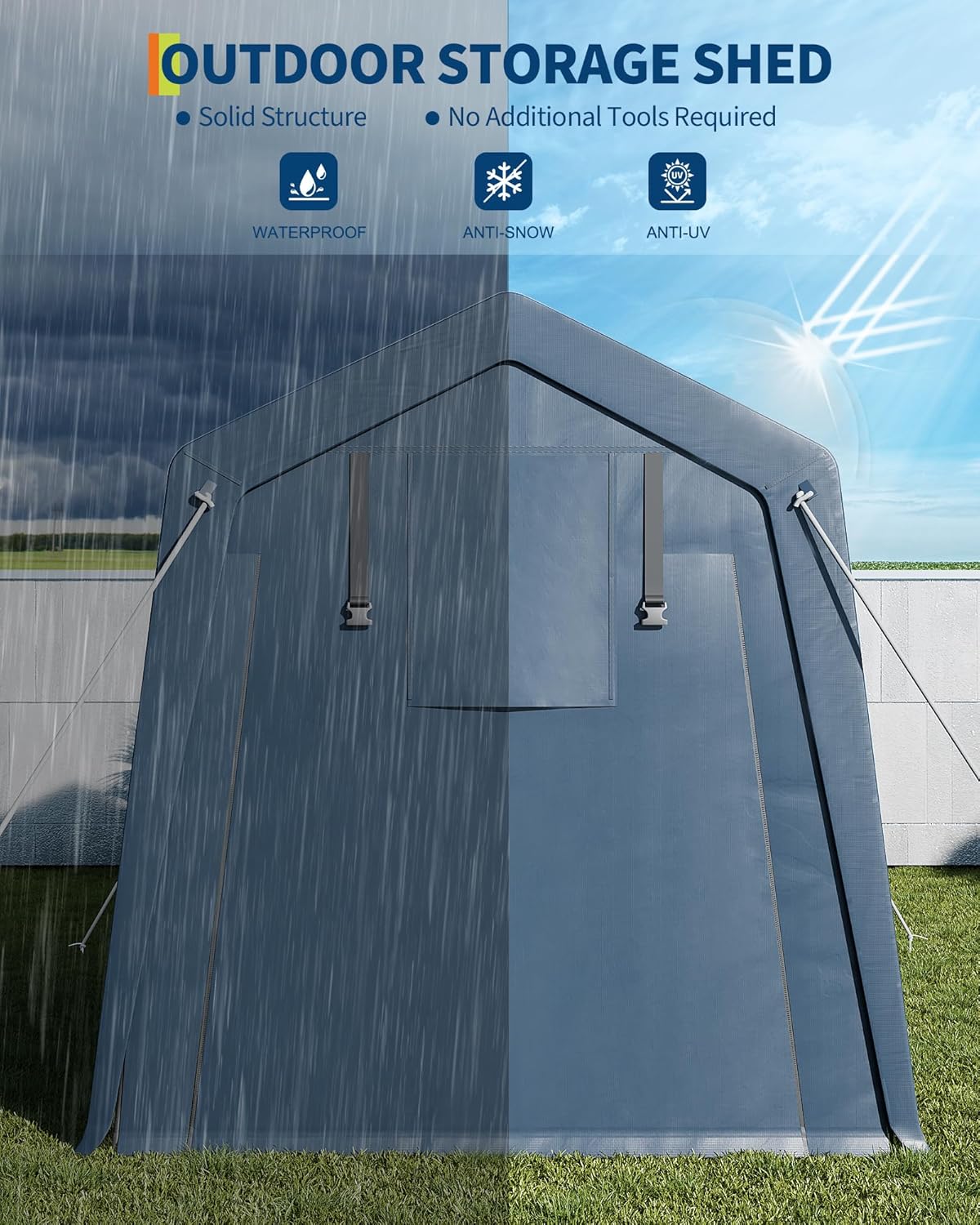 10x15FT Outdoor Storage Shed, Portable Carport with Roll-up Ventilated Zipper Door and Windows, Heavy Duty Waterproof Tarp, Storage Sheds for Motorcycle, Bike, Firewood, Garden Tools