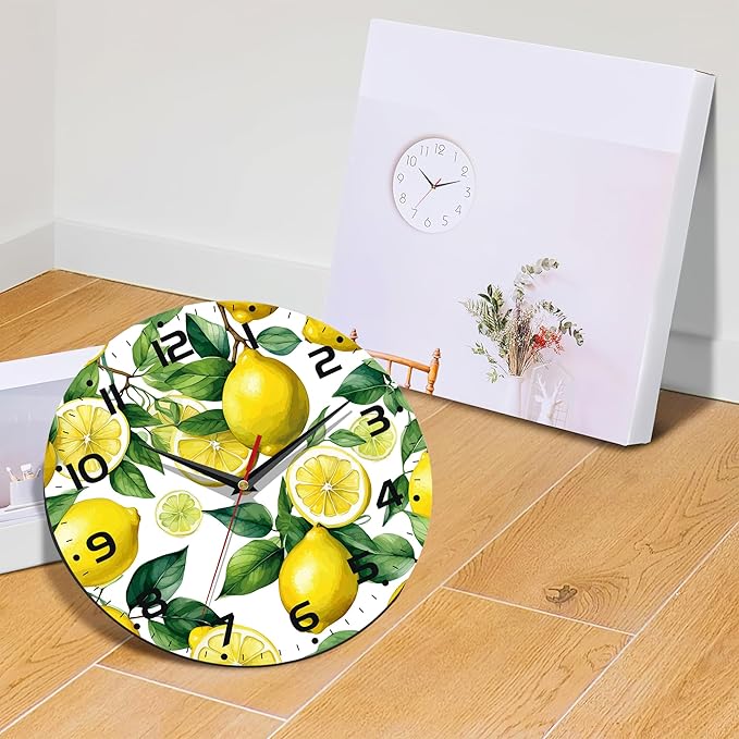 Wall Clock, Watercolor Lemon Wall Clock Silent Non-Ticking Battery Operated Clock 10 Inch, Home Decor for Living Room, Kitchen, Bedroom and Office