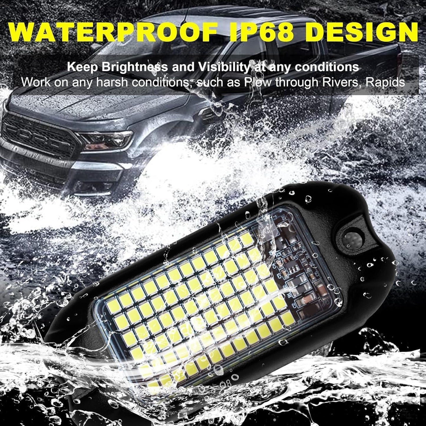 Nicoko 4Pods Pure White 72 Leds SMD Chips 72w High Power Rock Lights Super Bright White Offroad Car Boat Underglow Lights IP68 Waterproof for Truck SUV UTV ATV RZR