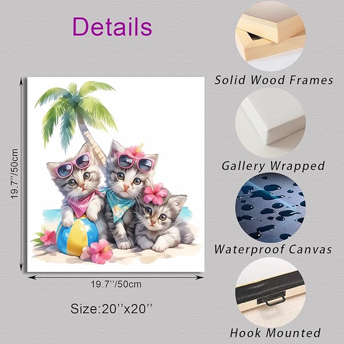 Ypxzzj Cute Kittens in Summer Vacation Canvas Wall Art, Three Kittens Under a Coconut Tree Printing Picture Cute Animal Cats with Glasses for Living Room Bathroom Framed Ready to Hang(20''x 20'')