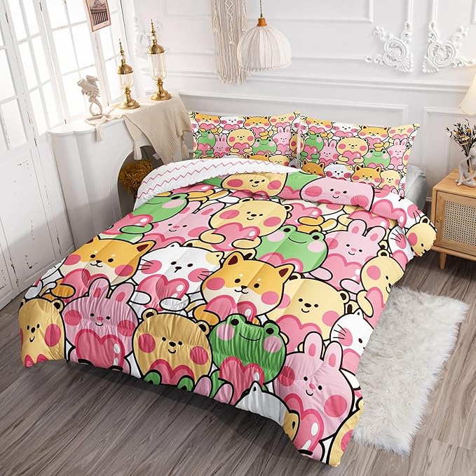 BSNTHO Cute Animal Comforter Set for Girls Kids Full Size Reversible Kawaii Dog Cat Frog Rabbit Bear Bedding Cartoon Pet Kitten Puppy Toddler Bedroom Collection 3Pcs Super Soft Lightweight