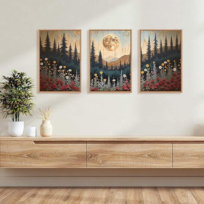 Vintage Moon Forest Framed Canvas Wall Art Set, Wildflower Forest Mountain Wall Decor, Nature Pine Tree Wall Painting, Colorful Floral Art Prints for Living Room, Bedroom, Office - 24"X16"X3