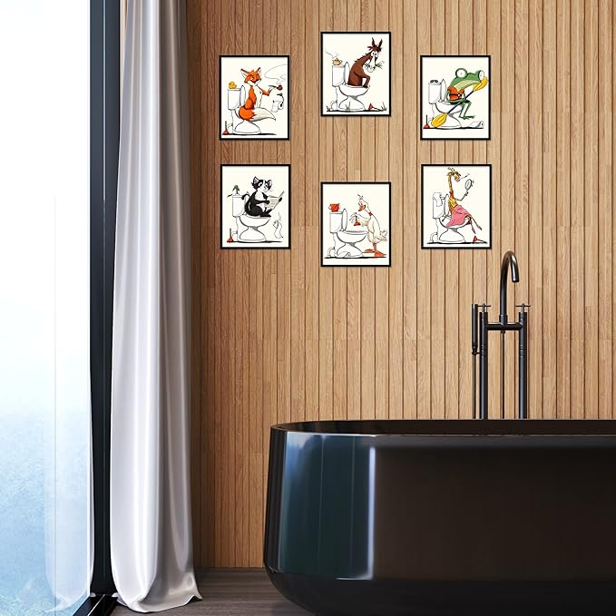 Bathroom Wall Art Animal Prints Toilet Decor Set of 6 Canvas Posters Cute Pictures Photos Bathroom Artwork Wall Colourful Funny Fox Cat Frog Goose Giraffe Horse in Toilet Illustration Wall Decor for