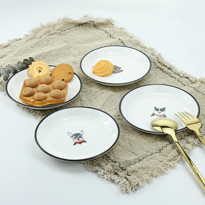 WAIT FLY 5 Inches Funny Retro Dog Pattern with Brush Strokes Ceramics Seasoning Dishes/Tea Bag Holders/Ketchup Saucer/Appetizer Plates/Seasoning Dipping Bowls, Set of 4