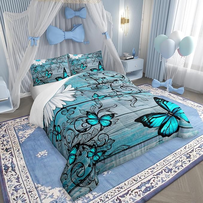 Butterfly Bedding Sets for Girls Teens Women Bedroom Rustic Flower Comforter Set,Blue Butterflies White Chic Floral Duvet Set Retro Vintage Romantic Style Quilt Set Full Size Soft Lightweight