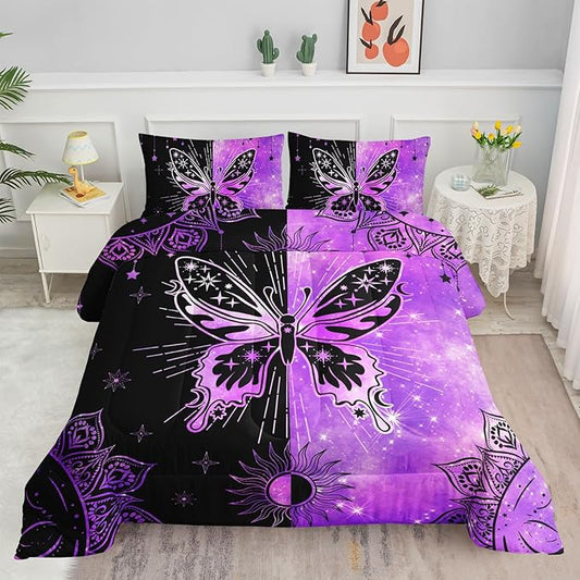 Black Purple Butterfly Comforter Set for Girls Women,Boho Butterfly Sun and Moon Mandala Printed Bedding Set with 2 Pillowcases(Black Purple Queen)