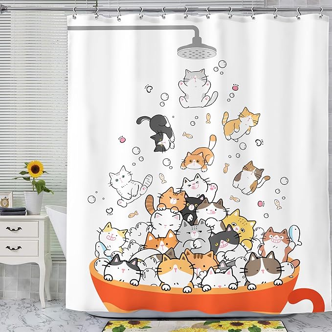 SVBright Cute Cats Shower Curtain 60Wx72L Inch Kids Cartoon Animal Funny Raining Hilarious Lovely Pets Playing Water Kawaii Girls Boys 12 Pack Hooks Polyester Waterproof Fabric Bathroom Bathtub Panels