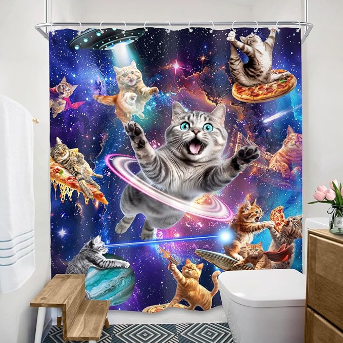 SVBright Funny Cat Shower Curtain 60Wx72L Inch Kids Space Galaxy Cute Fun Cool Pet Animal Hilarious Nebula Starry Fantasy Universe Boys 12 Pack Hooks Polyester Waterproof Fabric Bathroom Bathtub Panel