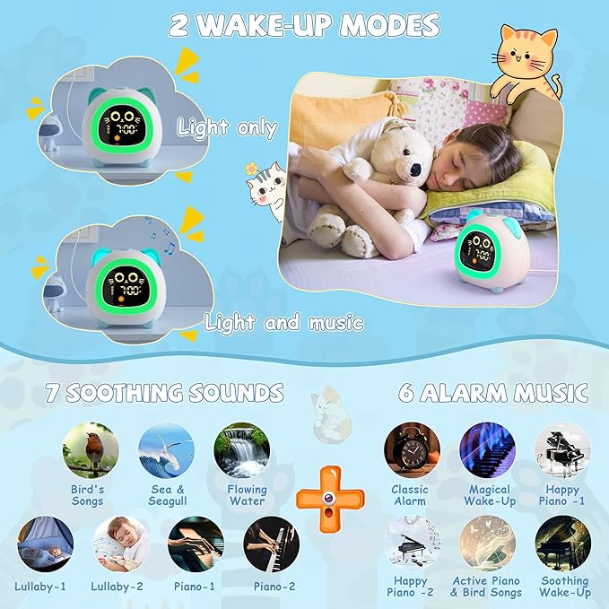 winshine Kids Alarm Clock Cat, OK to Wake Clock with Night Light for Kids, Stay in Bed Clock Sleep Training, Nap Timer, Cute Kids Room Decor, Gift Ideas for Kids Toddler Boy Girl (Blue)