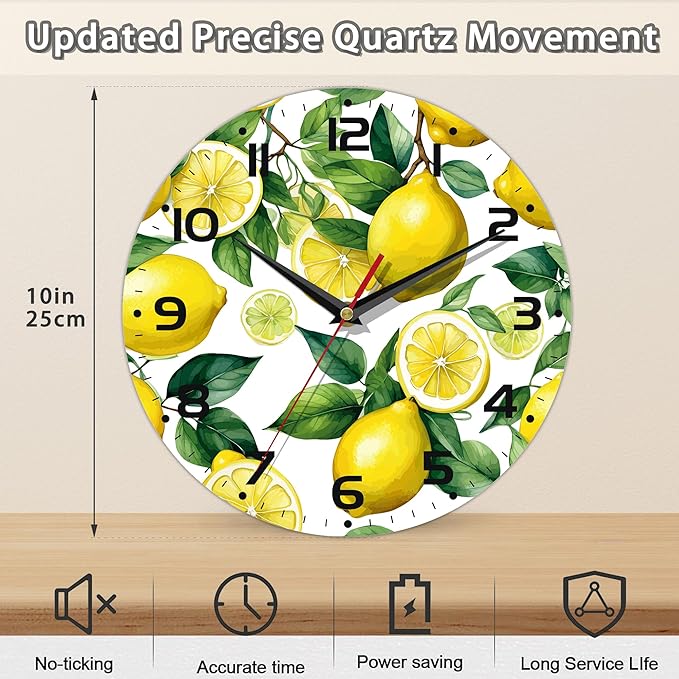 Wall Clock, Watercolor Lemon Wall Clock Silent Non-Ticking Battery Operated Clock 10 Inch, Home Decor for Living Room, Kitchen, Bedroom and Office