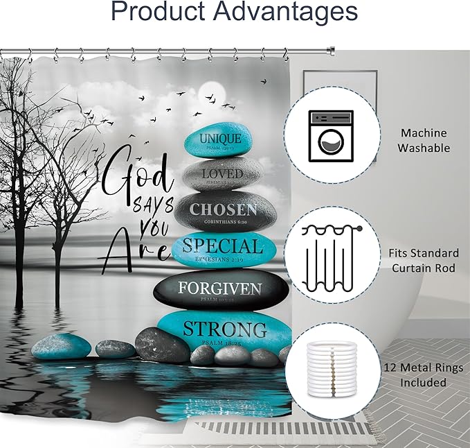 Teal Zen Spa Shower Curtain 60Wx72L Inch Quotes Meditation Inspirational Motivational Bible Positive Bathroom Set Accessories Decor with 12 Pack Hooks