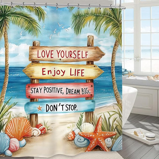 Yookeb Tropical Beach Palm Tree Bathroom Shower Curtain 60W by 71H Inch Coastal Nautical Ocean Quotes Motivational Summer Scenery Inspirational Polyester Fabric 12 Plastic Hooks Waterproof Decor