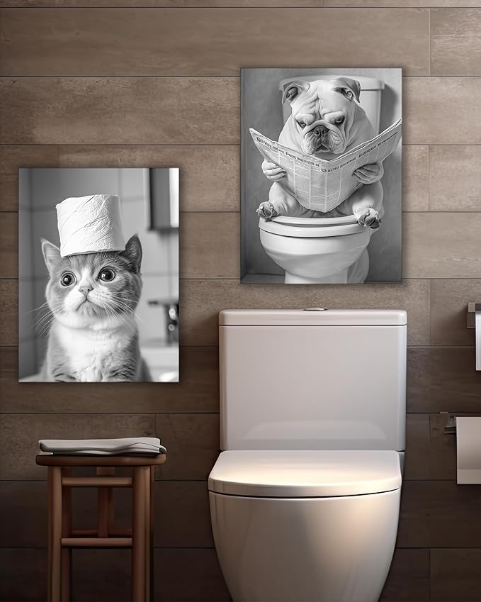 UPWOIGH Bathroom Wall Art Decor, Black and White Cat Toilet Paper Wall Art, Wood Framed Canvas Wall Art Animals Abstract Prints, 12"x16" High-end Pictures for Dormitory Kids Room,1 Pack