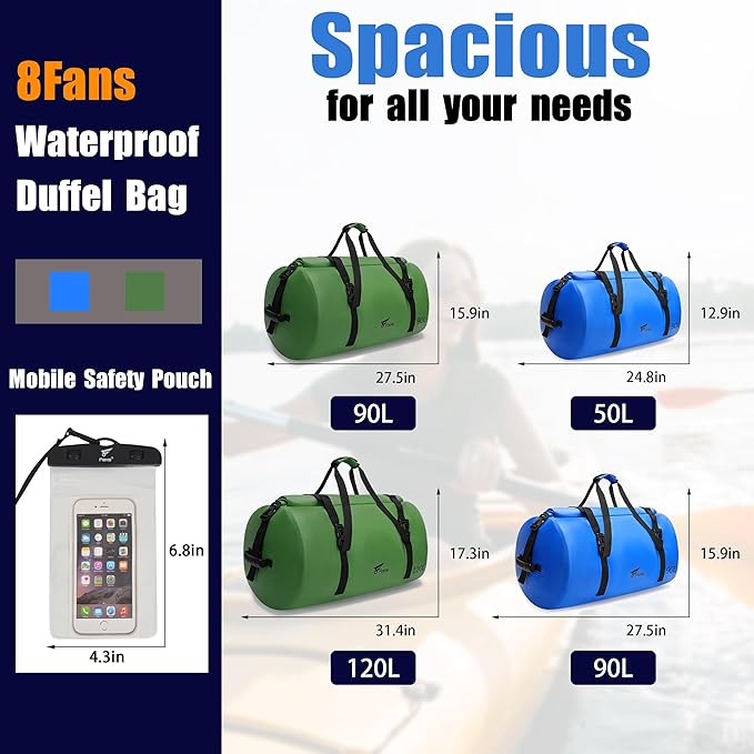 8 Fans Extra Large Waterproof Duffle Bag,Heavy Duty Travel Dry Bag with Durable Straps & Handles, Ideal for Kayaking,Paddleboarding,Boating,Rafting,and Fishing (Green, 120L)
