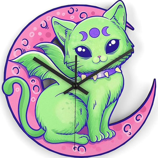 Wooden Wall Clock Spooky Cat Non-Ticking Silent Battery Operated Home Decor DIY Numbers Cute Pastel Goth House Warming Gift for Kids Bedroom Girls Room Living Room Kitchen Kawaii Halloween Moon