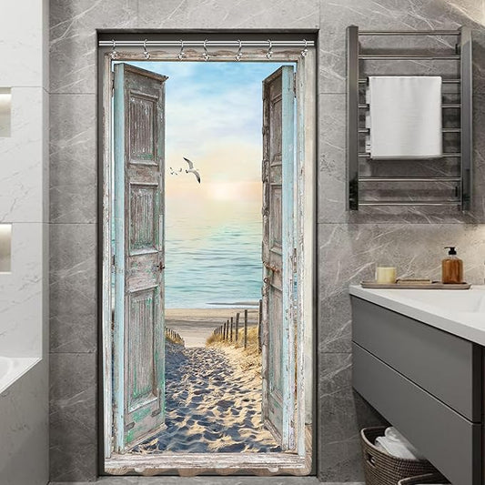 Yookeb Stall Beach Coastal Seaside Bathroom Shower Curtain 36W by 71H Inch Half Ocean Rv Hawaiian Sea Sunset Narrow Barn Door Scenery Rustic Landscape Polyester 7 Plastic Hooks Waterproof Decor