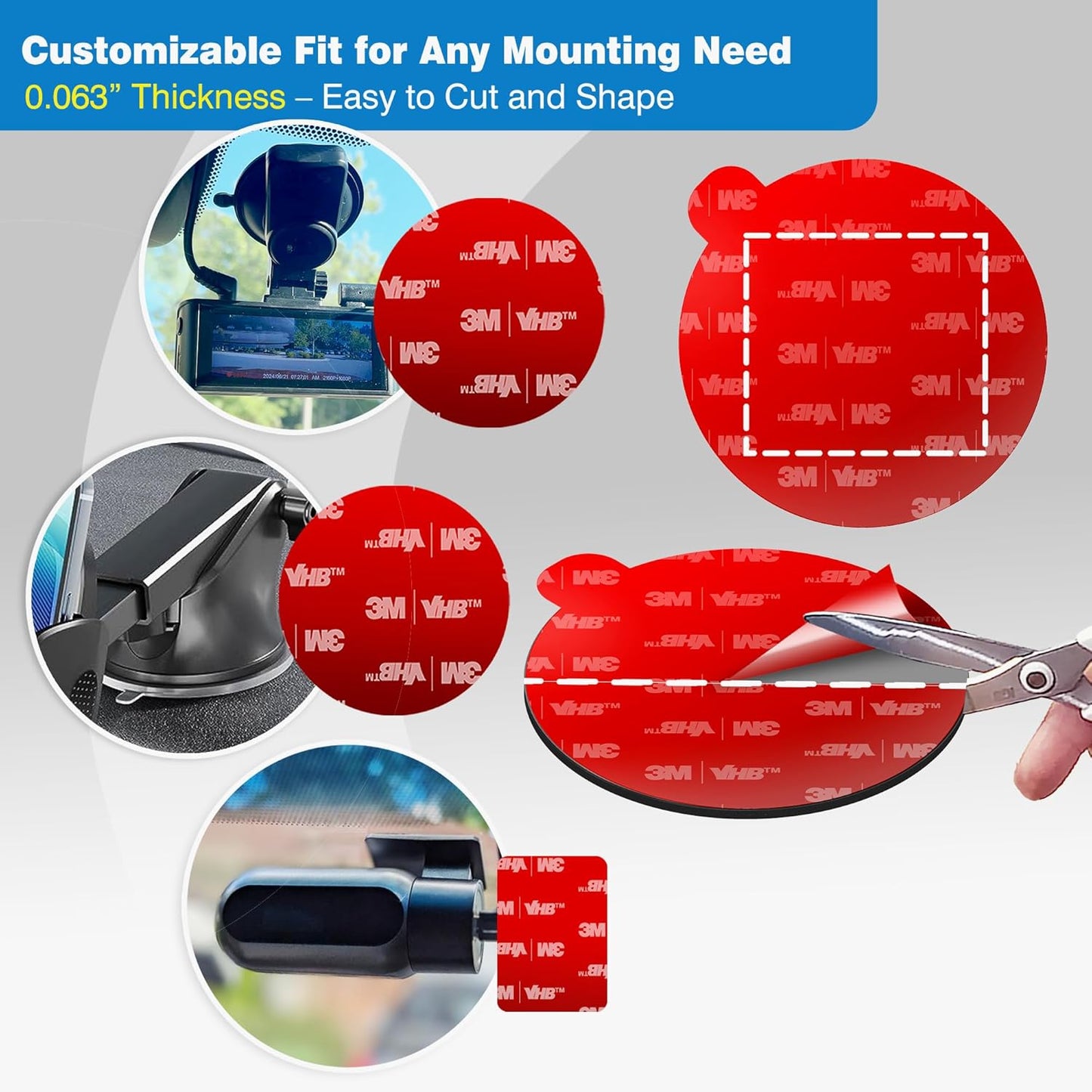 Double-Sided Adhesive Pads for Dash Cam Mount – Made with 3M VHB, 4-Pack 2.2" Round Heat-Resistant Sticky Tape for Windshield, Dashboard, GPS, and Camera Holders – Includes 4 Adhesion Promoter