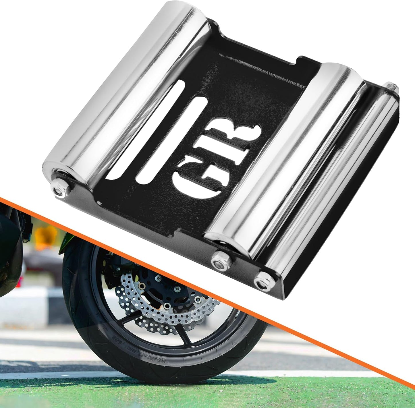 GRAND PITSTOP Motorcycle Roller Wheel Cleaning Stand - Paddock Stand Replacement - Wheel Roller Stand with Ramp Support for tire Cleaning & Chain Lubrication (Black Roller Medium)