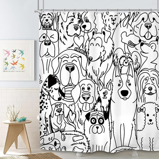 SVBright Funny Cute Dog Shower Curtain 60Wx72L Inch Cartoon Black and White Lovely Animals Silhouette for Kids Kawaii Cool Rustic 12 Pack Hooks Polyester Waterproof Fabric Bathroom Bathtub Panels